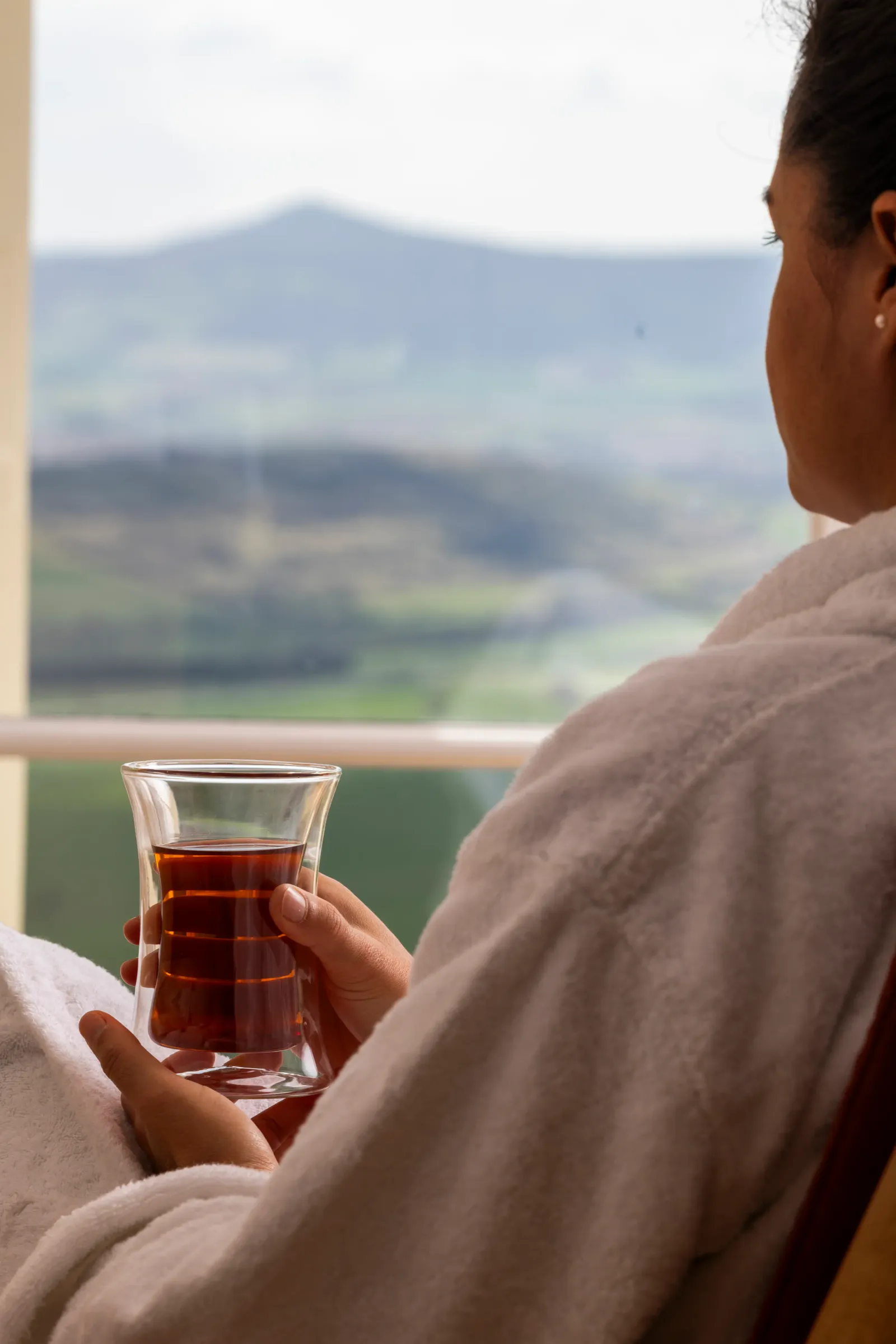Une personne tient un verre de liquide brun en regardant un paysage à travers une fenêtre